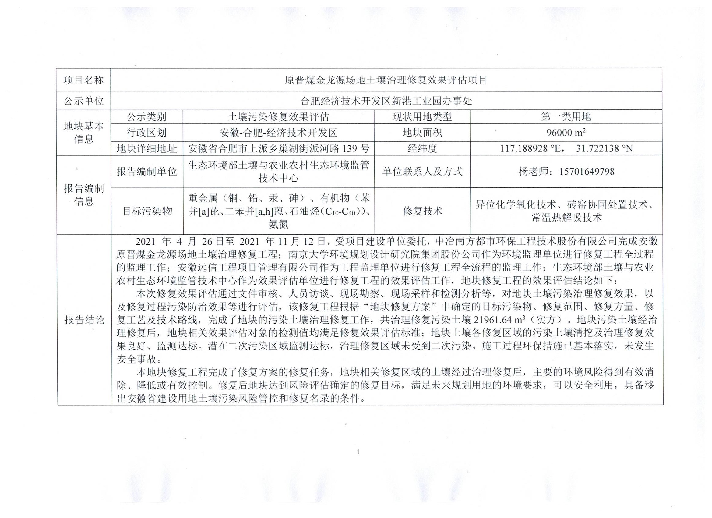 關(guān)于原晉煤金龍?jiān)磮?chǎng)地土壤治理修復(fù)效果評(píng)估項(xiàng)目的公示